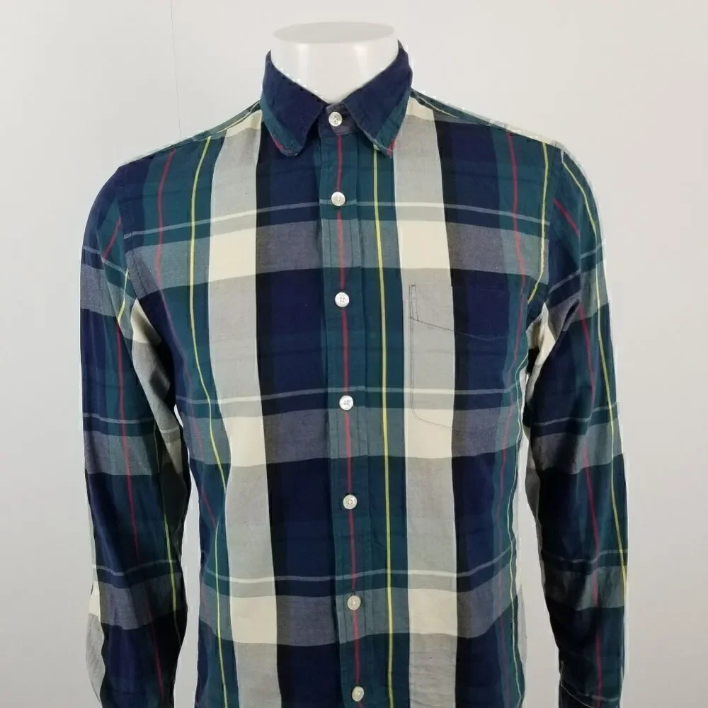 J. Crew Mens Blue Green Sunwashed Oxford Button Down Shirt in Plaid Size Small
